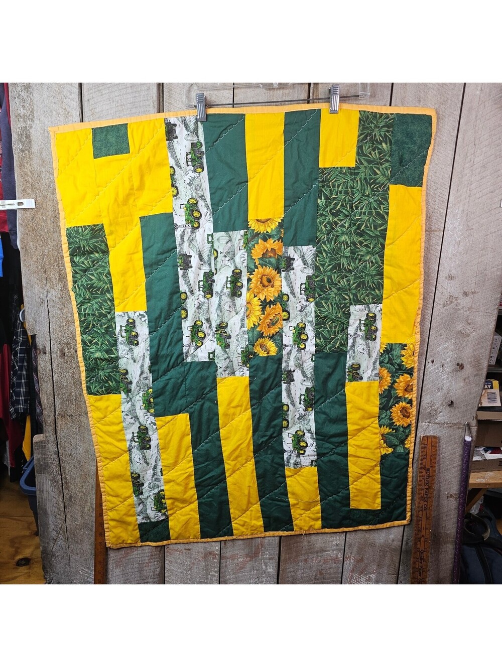 Handmade Quilted Wall Hanging Throw Farm Tractor Sunflower Barn Scene 29x35"